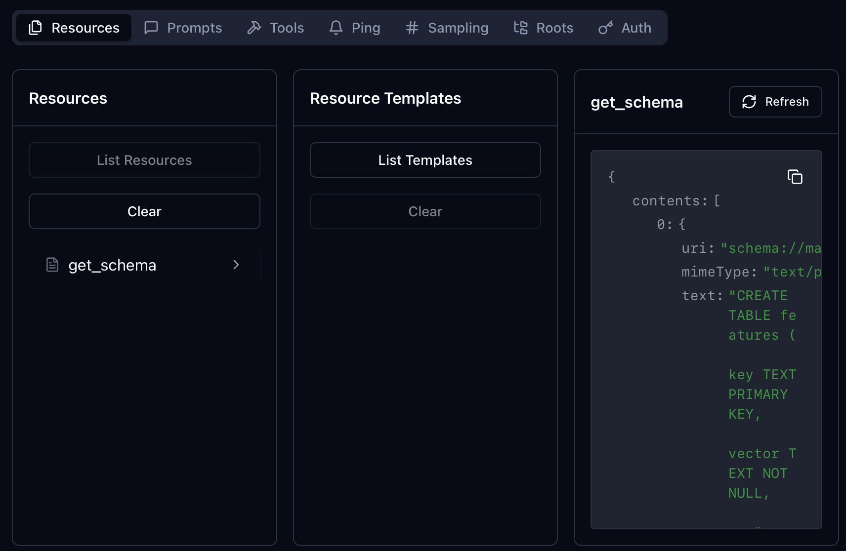 MCP Inspector a mostrar o recurso get_schema e a instrução SQLite CREATE TABLE devolvida