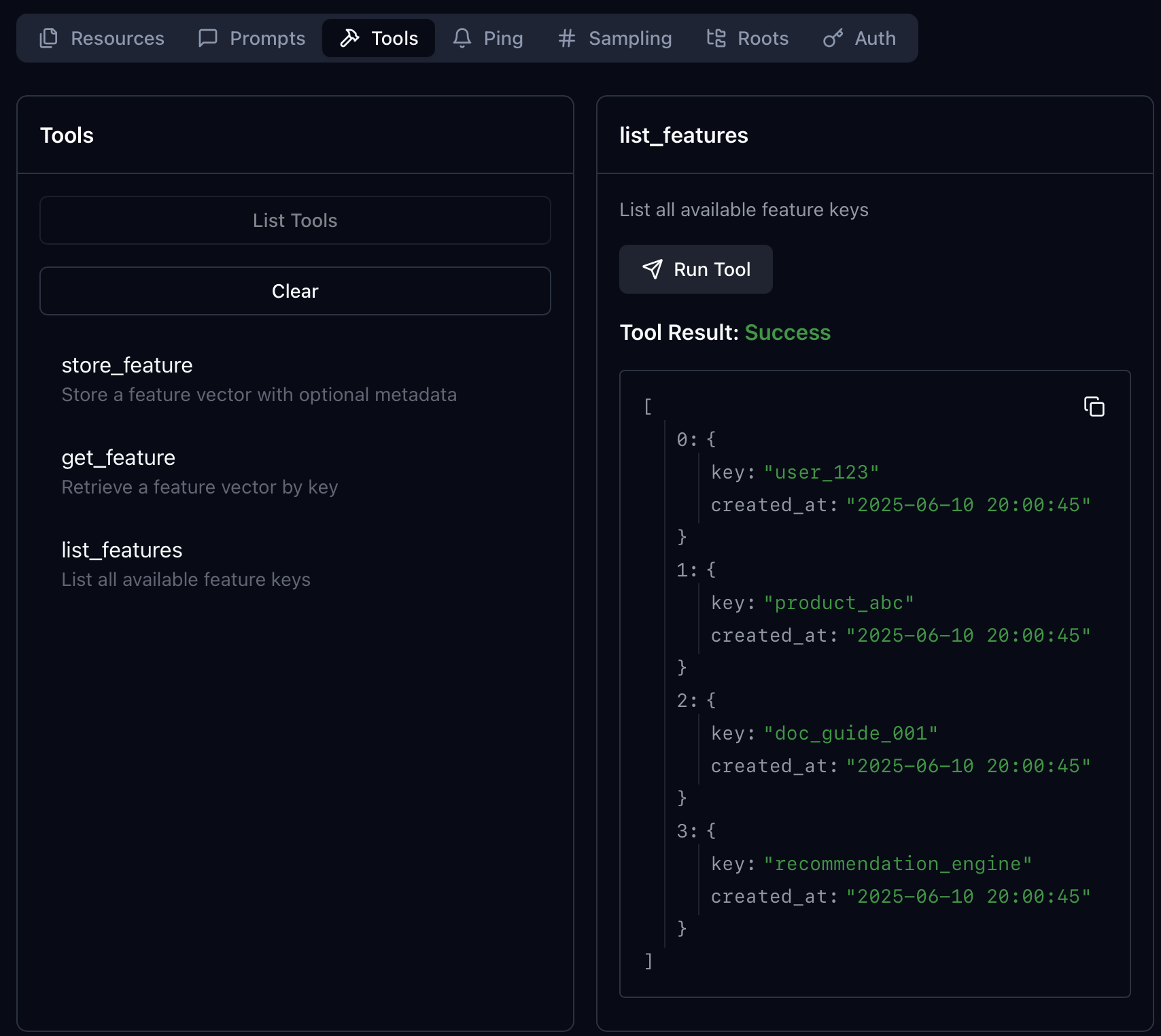 MCP Inspector a mostrar store_feature, get_feature, list_features e uma chamada bem-sucedida a list_features